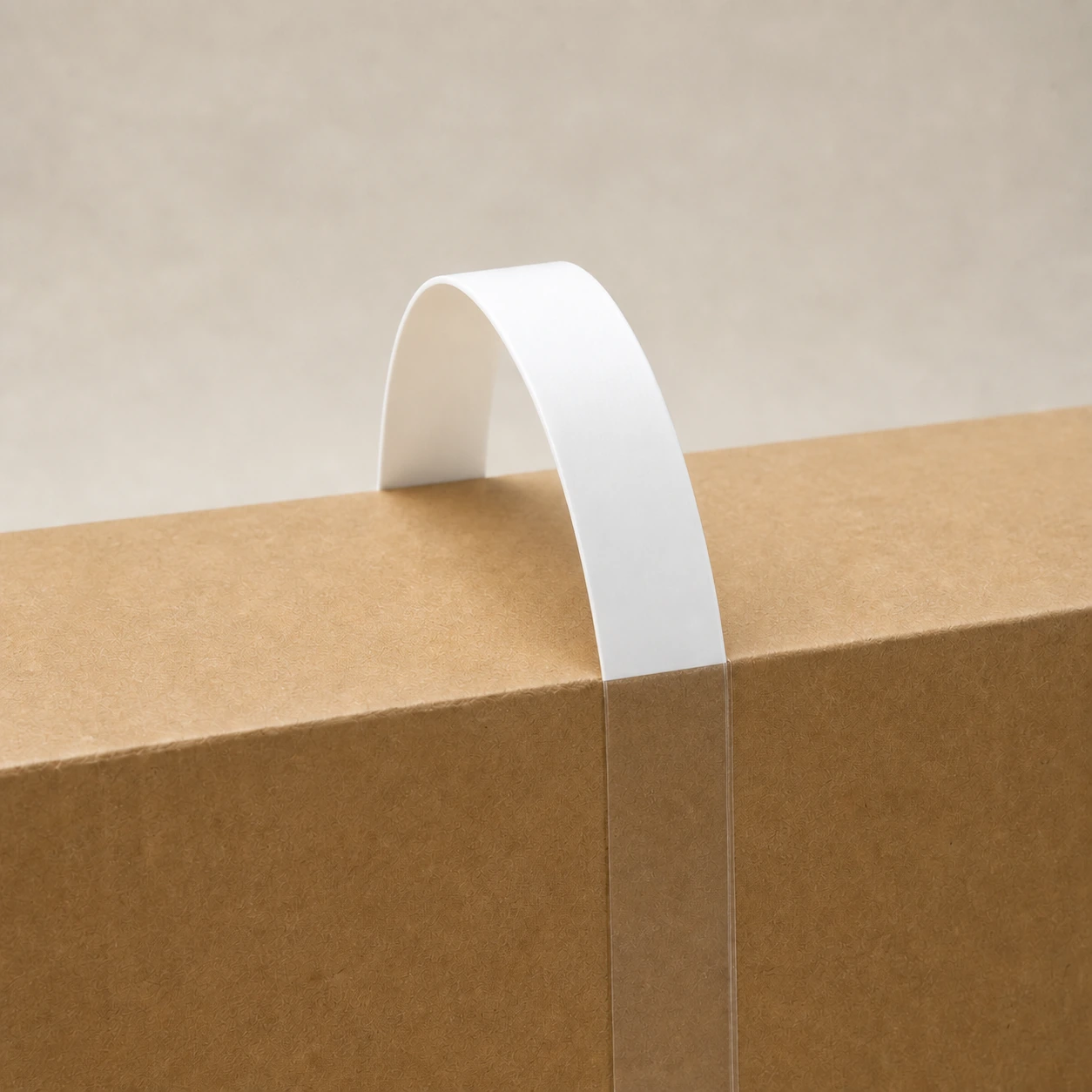 White adhesive carry handle fitted across a cardboard box, with clear adhesive tabs continuing down the sides